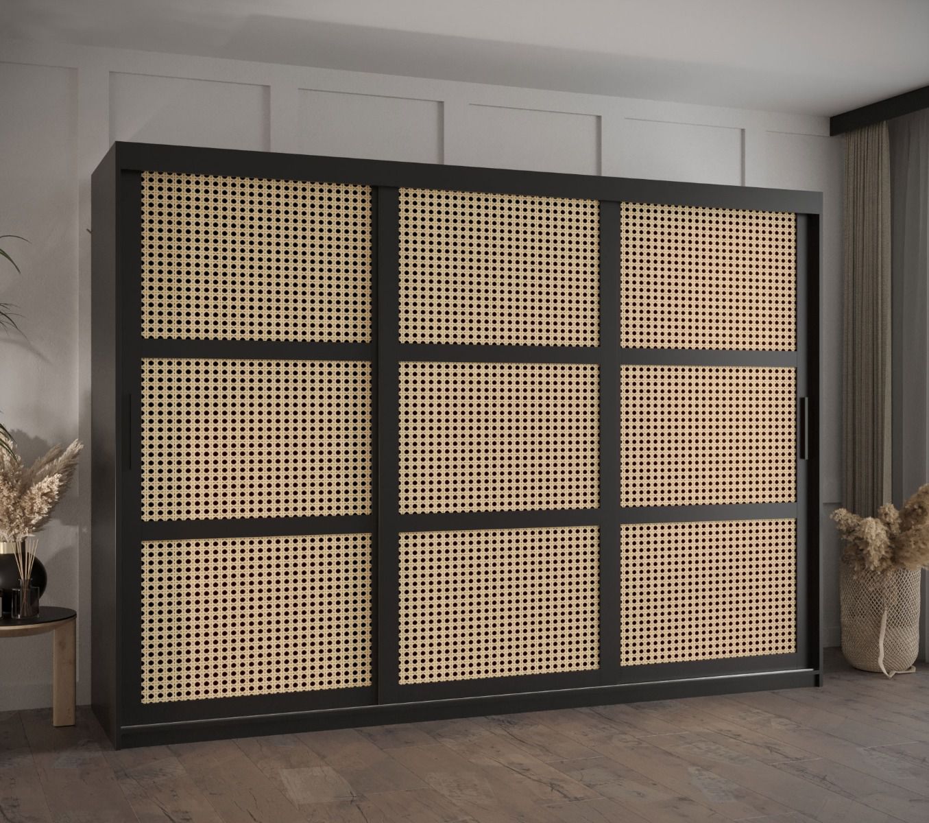 Schiebetürenschrank mit eleganten Design Kasbek 12, Schwarz Matt, Maße: 200 x 250 x 62 cm, mit neun Holzeinlegeböden und zwei Kleiderstangen