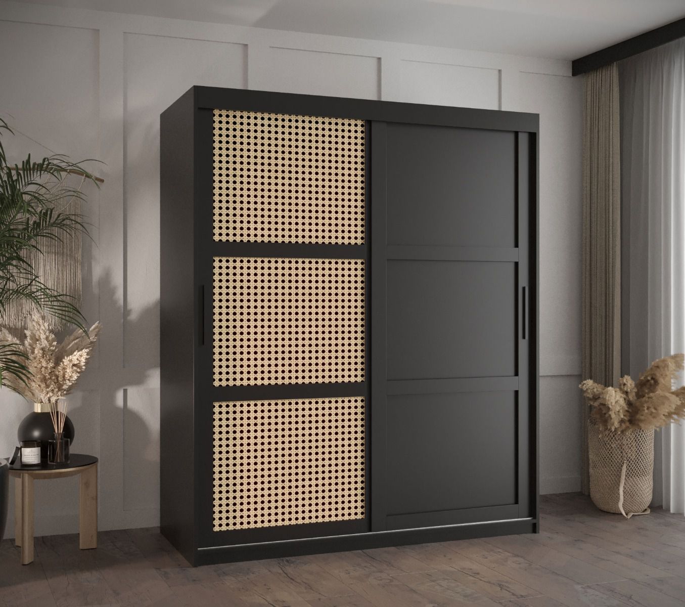 Eleganter Kleiderschrank Kasbek 30, Farbe: Schwarz Matt, Maße: 200 x 150 x 62 cm, mit Führungen aus Aluminium, 5 Fächer