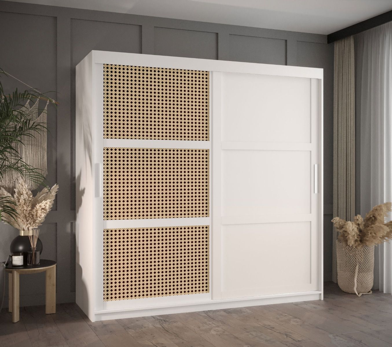 Schiebetürenschrank mit eleganten Design Kasbek 31, Weiß Matt, Maße: 200 x 180 x 62 cm, 9 Holzeinlegeböden, 2 Kleiderstangen, Griffe: Silber