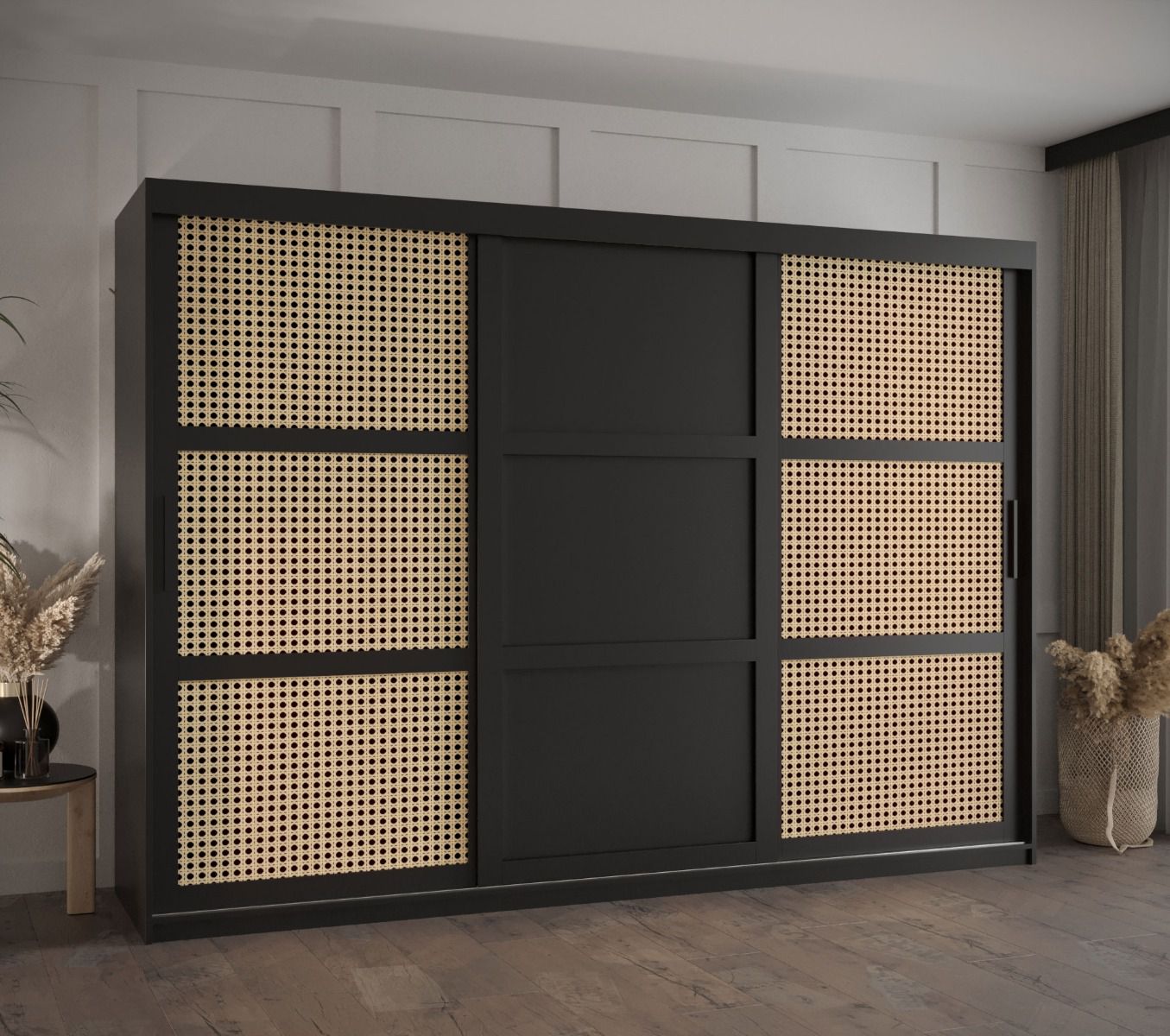 Moderner Kleiderschrank mit genügend Stauraum Kasbek 36, Schwarz Matt, Maße: 200 x 250 x 62 cm, 9 Holzeinlegeböden, 2 Kleiderstangen, Griffe: Schwarz