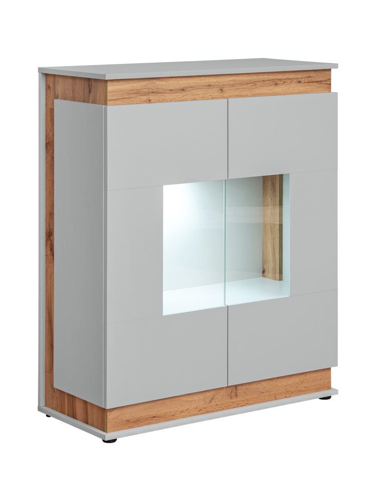 Kleine Vitrine Asheim 03 mit LED Beleuchtung, Grau / Eiche Artisan, 111 x 90 x 40 cm, Push To Open, matte Oberfläche, 3 Fächer, 2 Türen