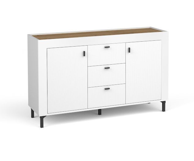 Sideboard / Kommode mit drei Schubladen Barbe 16, vier Fächer, Farbe: Weiß matt / Eiche, zwei Türen, Maße: 83,5 x 137 x 40 cm, ABS-Kantenschutz, Griffe: Schwarz