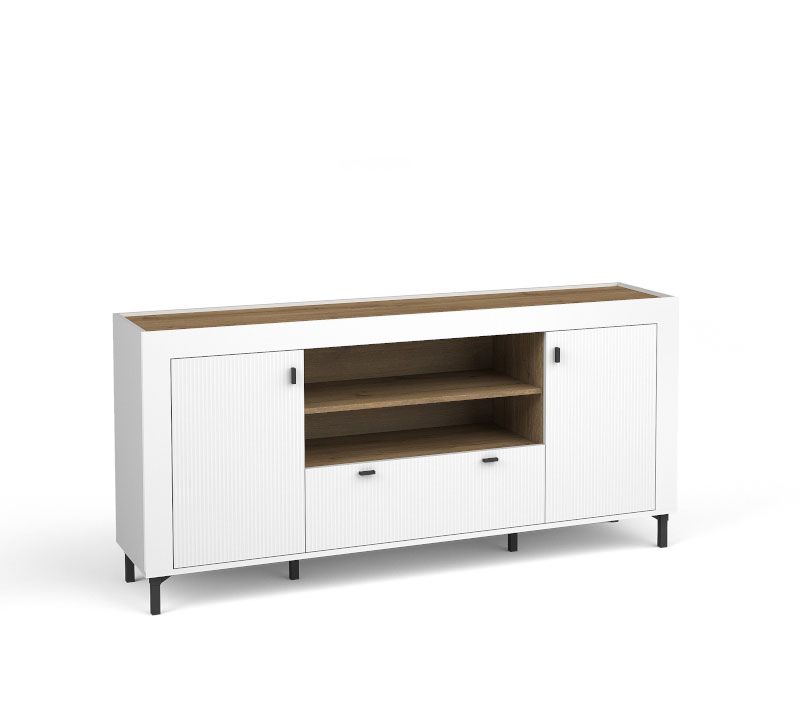 Sideboard / Kommode mit modernen Design Barbe 19, eine Schubladen, sechs Fächer, ABS-Kantenschutz, Griffe: Schwarz, Farbe: Weiß matt / Eiche, zwei Türen, Maße: 83,5 x 177 x 40 cm, hochwertige Verarbeitung