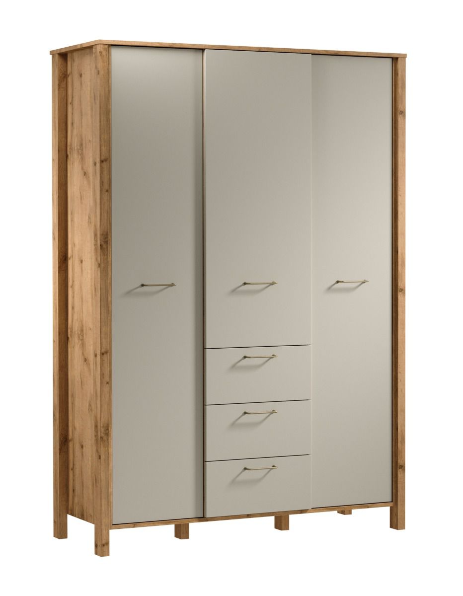 Kleiderschrank Braianik 14 mit viel Stauraum, Eiche Wotan / Beige, 200 x 138 x 53 cm, 3 Türen, 2 Kleiderstangen, 8 Fächer, 7 Einlegeböden, 3 Schubladen