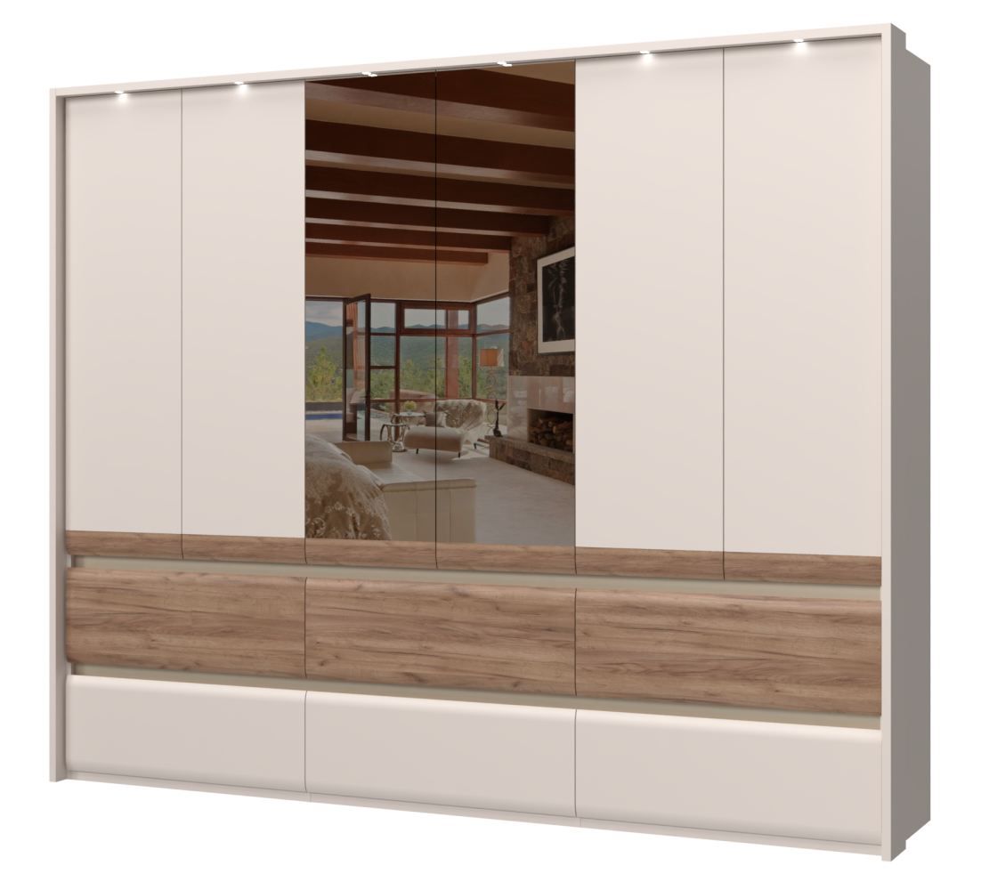 Kleiderschrank mit Spiegel Papauta 13, Farbe: Kaschmir / Eiche dunkel - Abmessungen: 226 x 277 x 60 cm (H x B x T)