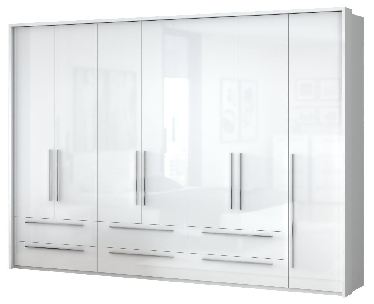 Drehtürenschrank / Kleiderschrank mit LED-Rahmen Siumu 39, Farbe: Weiß / Weiß Hochglanz - 226 x 322 x 60 cm (H x B x T)