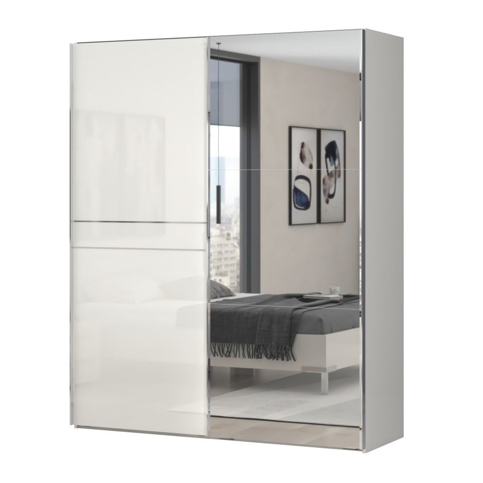 Schwebetürenschrank / Kleiderschrank Siumu 06, Farbe: Beige / Beige Hochglanz - 224 x 182 x 61 cm (H x B x T)