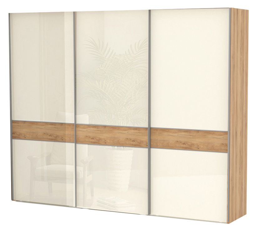 Schiebetürenschrank / Kleiderschrank Gataivai 07, Farbe: Beige Hochglanz / Walnuss - 224 x 272 x 65 cm (H x B x T)