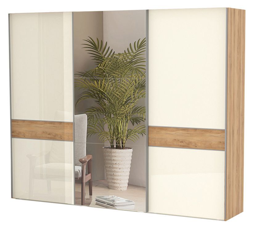 Schiebetürenschrank / Kleiderschrank Gataivai 08, Farbe: Beige Hochglanz / Walnuss - 224 x 272 x 65 cm (H x B x T)