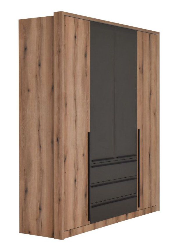 Drehtürenschrank / Kleiderschrank Cerdanyola 01, Farbe: Eiche / Grau - Abmessungen: 216 x 195 x 56 cm (H x B x T)