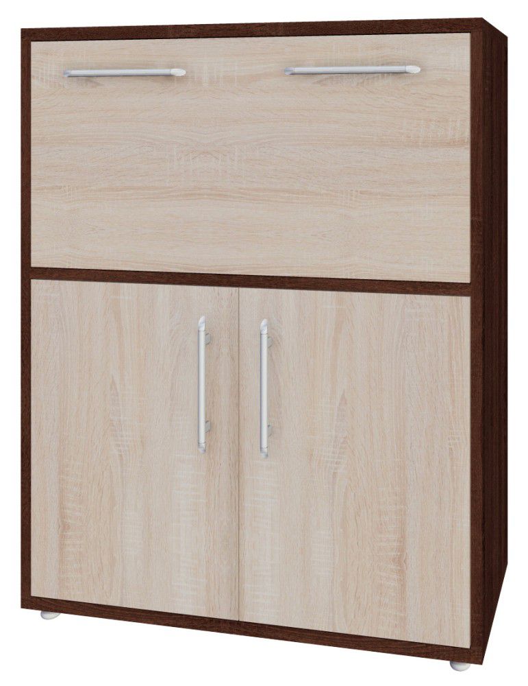 Stabile Kommode / Highboard mit großem Kippfach Curug 11, Nuss / Ulme, Maße: 113 x 90 x 34 cm, 2 Türen, 3 Fächer, 18 mm Materialstärke