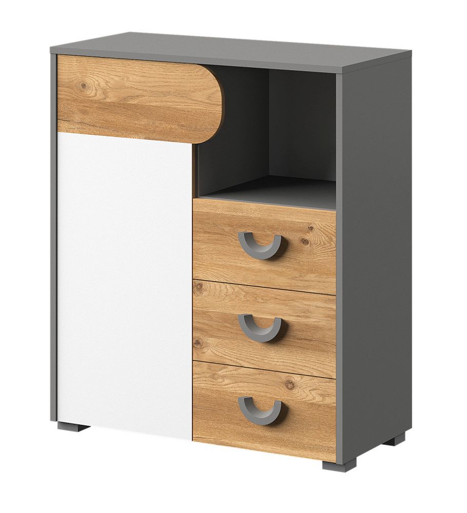 Jugendzimmer - Kommode Klemens 06, Farbe: Grau / Weiß / Eiche - Abmessungen: 94 x 80 x 38 cm (H x B x T)