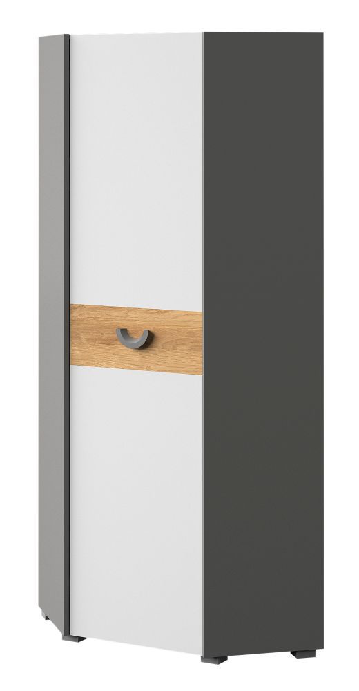 Jugendzimmer - Drehtürenschrank / Eckkleiderschrank Klemens 07, Farbe: Grau / Weiß / Eiche - Abmessungen: 190 x 73 x 73 cm (H x B x T)