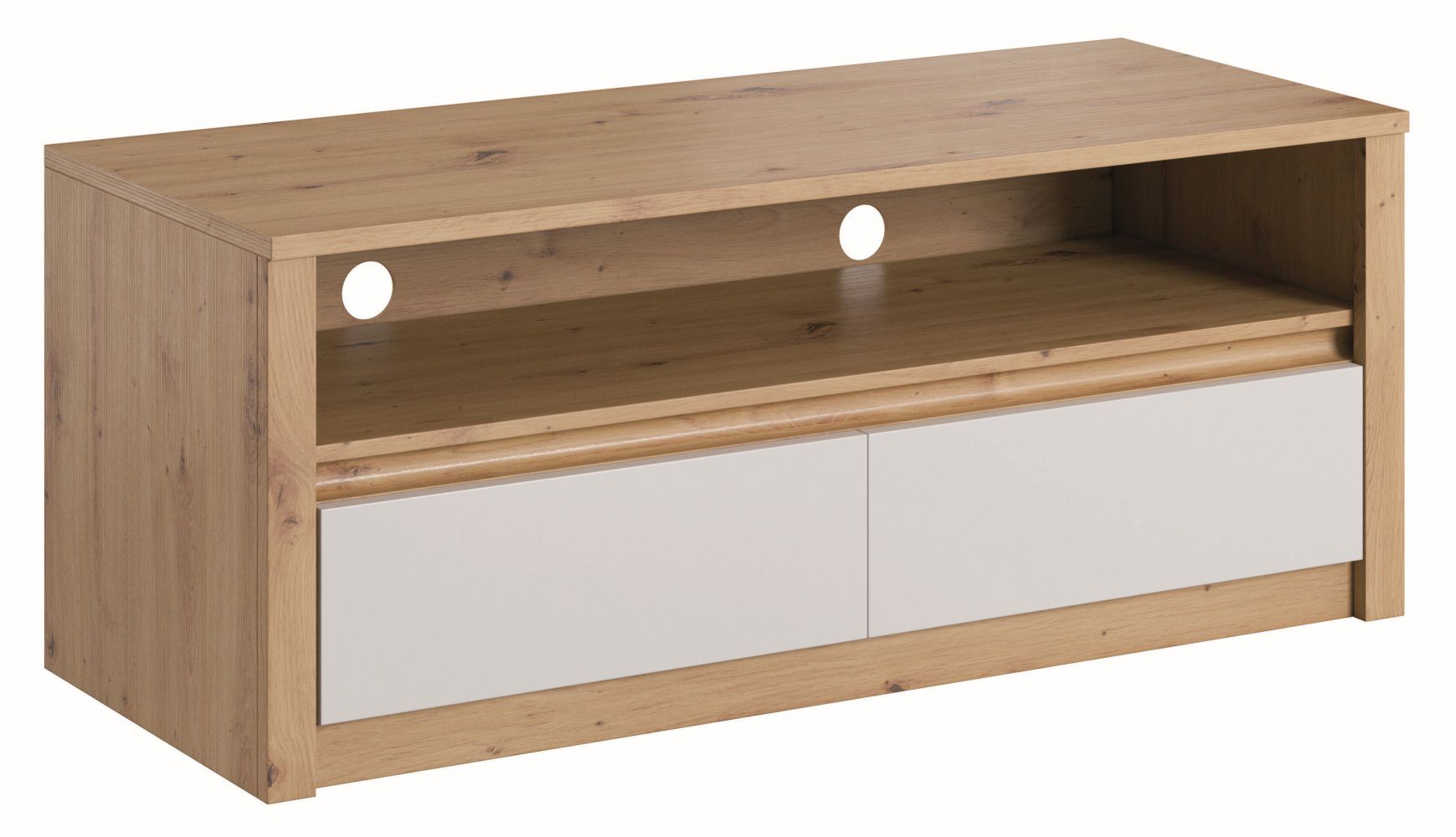 TV-Schrank / TV-Möbel Faleula 06, mit ABS Katenschutz, Eiche / Weiß, Maße: 52 x 130 x 53 cm, zwei Schubladen, ein offenes Ablagefach, für Wohnzimmer