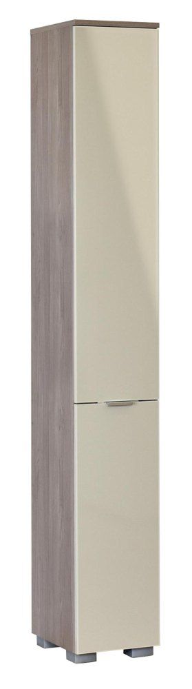 Schrank Sabadell 01, Farbe: Eiche / Beige Hochglanz - 209 x 30 x 38 cm (H x B x T)