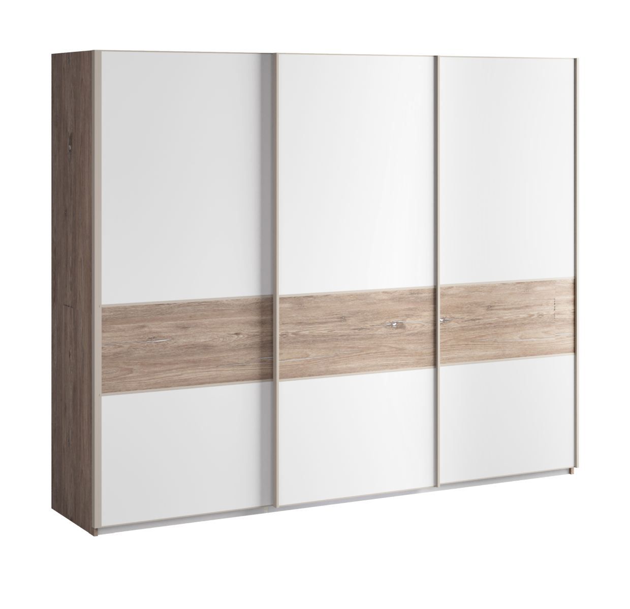 Schiebetürenschrank / Kleiderschrank Albondon 03, Farbe: Eiche / Weiß Glanz - Abmessungen: 222 x 269 x 64 cm (H x B x T)