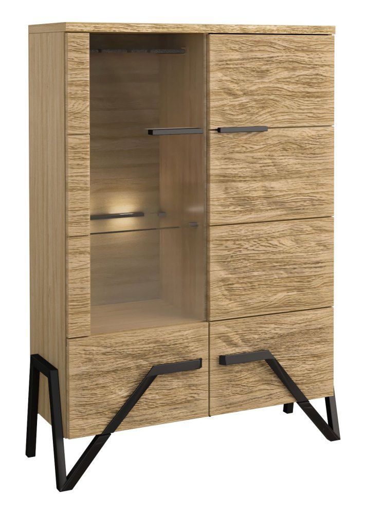 Vitrine Kastav 10, Farbe: Eiche / Schwarz, teilmassiv - 140 x 100 x 40 cm (H x B x T)