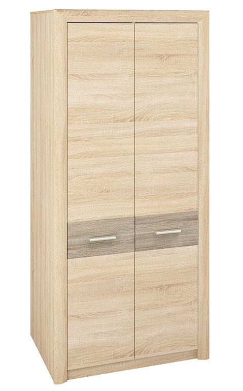 Drehtürenschrank / Kleiderschrank Mesquite 01, Farbe: Sonoma Eiche hell / Sonoma Eiche Trüffel - Abmessungen: 199 x 92 x 63 cm (H x B x T), mit 2 Türen und 6 Fächern