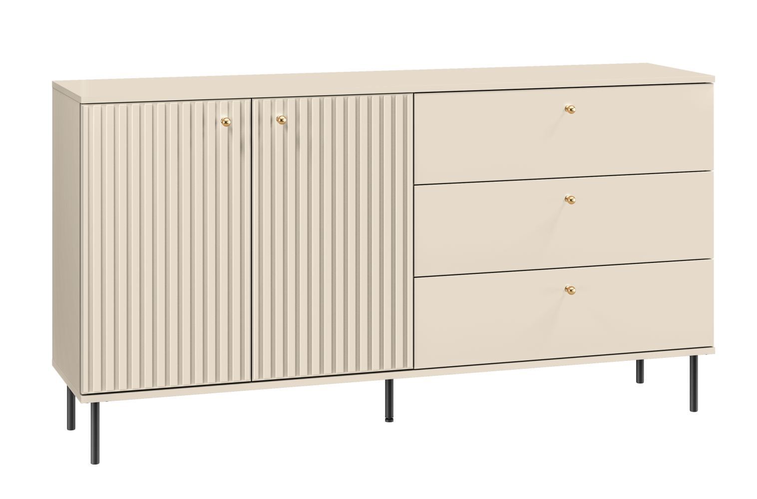 Kommode Petkula 04, Farbe: Beige hell - Abmessungen: 85 x 160 x 40 cm (H x B x T), mit 2 Türen, 3 Schubladen und 2 Fächern