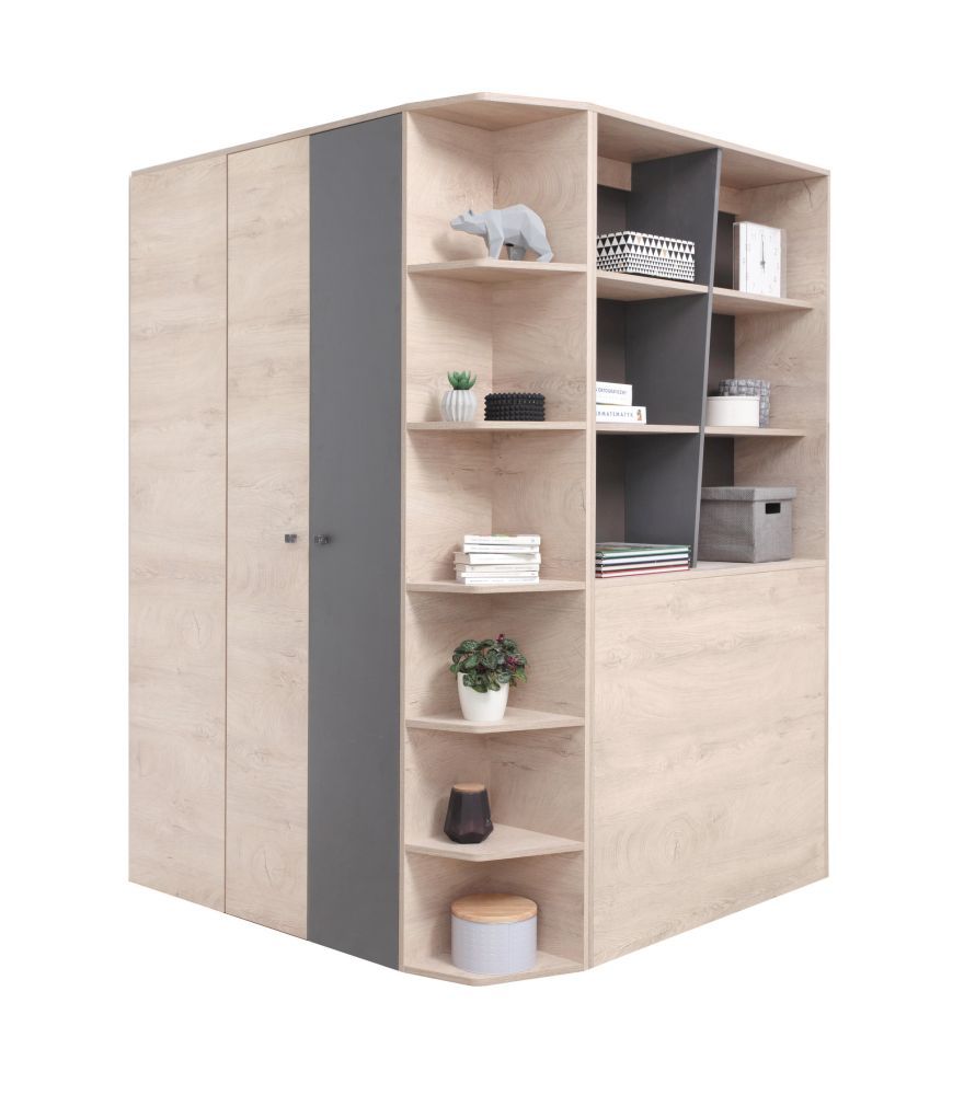 Jugendzimmer - Drehtürenschrank / Eckkleiderschrank Chiny 01, Farbe: Eiche / Grau - Abmessungen: 190 x 135 x 135 cm (H x B x T)