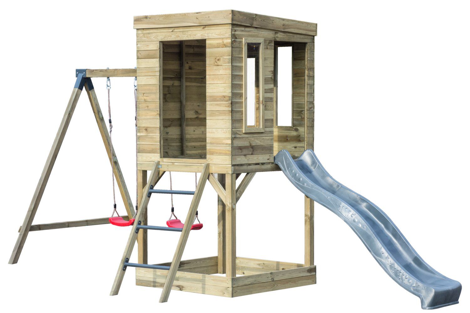 Spielturm S9 inkl. Wellenrutsche, Doppelschaukel-Anbau und Sandkasten - Abmessungen: 525 x 225 cm (B x T)