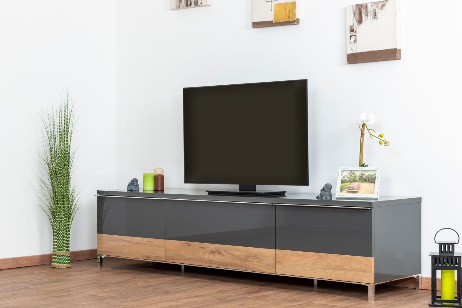 TV-Unterschrank Vaitele 21, Farbe: Anthrazit Hochglanz / Walnuss - 46 x 188 x 45 cm (H x B x T)