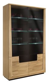 Vitrine "Topusko" 01, Farbe: Eiche / Schwarz, teilmassiv - Abmessungen: 196 x 121 x 43 cm (H x B x T)