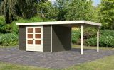 Gartenhaus SET AKTION terragrau mit Anbaudach 2,4 m Breite, Grundfläche: 9m²