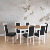 Tischgruppe X mit 6 Stühlen, großer Esszimmer Tisch in Weiß/Eiche, modernes und einfaches Design, stabile Holzstühle gepolstert, Polster: Schwarz