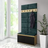 Garderobe 01 mit Polsterpaneele für Wand und Sitzbank, Artisan/Schwarz/Bottle Green, 215 x 100 x 40 cm, für 8 Paar Schuhe, 6 Kleiderhaken, 4 Fächer