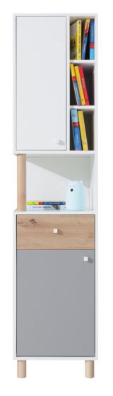 Jugendzimmer - Schrank Burdinne 06, Farbe: Weiß / Eiche / Grau - Abmessungen: 190 x 45 x 40 cm (H x B x T)